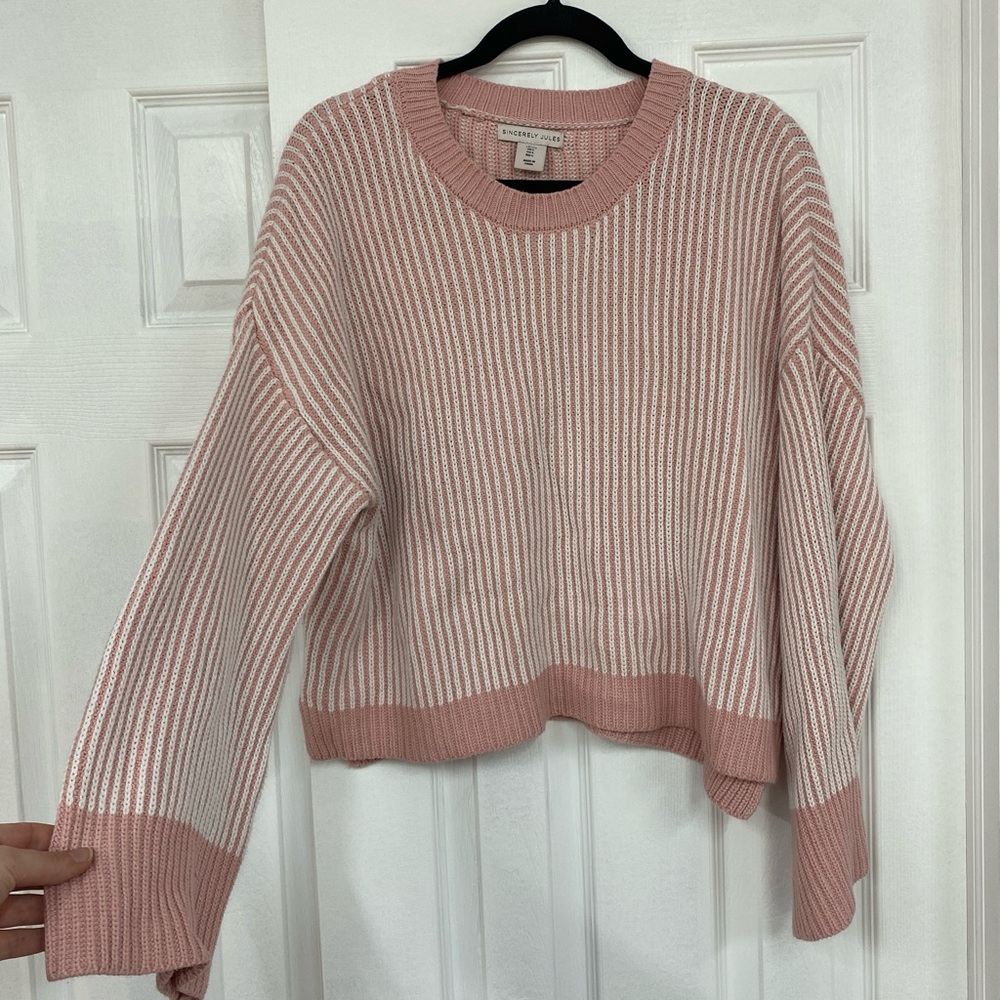 Sincerely Jules Pink & White Ribbed Crewneck Sweater